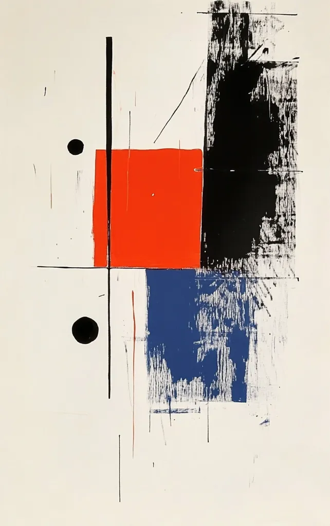 The abstract painting features a white background with a vertical black line running through the center. There is a red square at the top right of the black line, a blue square to the right of the black line below the red square, and two black circles. The red and blue squares are painted with textured brushstrokes. The black line, squares, and circles are juxtaposed against the white background, creating a bold and dynamic composition. The image is likely an abstract expressionist artwork.