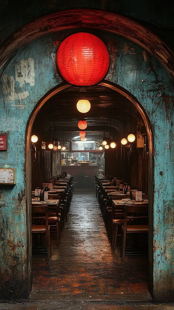 A rustic doorway with a large red paper lantern overhead leads to a dimly lit restaurant. Rows of wooden tables and chairs line the walkway, creating a sense of depth and perspective.  The walls are weathered and worn, with chipped paint and peeling plaster. Soft, warm light emanates from the ceiling lanterns, casting long shadows on the floor. The scene evokes a feeling of quiet intimacy and a sense of history.