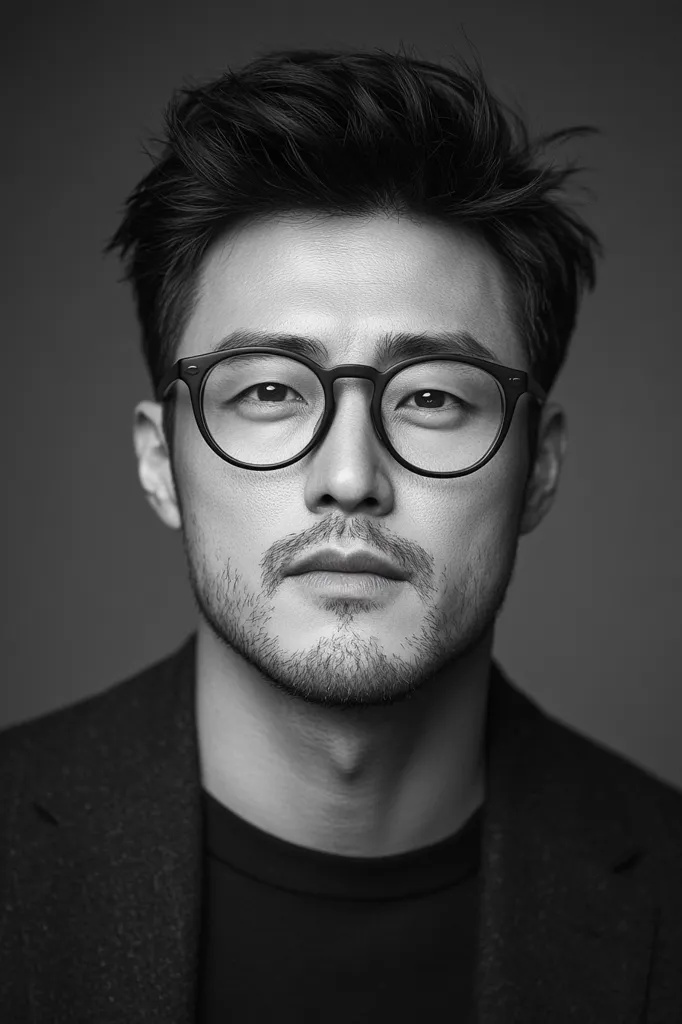 The image is a black and white portrait of a man with dark hair, wearing round glasses. He has a serious expression and a neatly trimmed beard. The man is wearing a dark jacket, and only his face and the top of his chest are visible. The background is a plain gray color. The image focuses on his face and highlights the lines and features of his face.  The lighting is soft and creates a dramatic effect. The image suggests a sense of intensity and thoughtfulness.