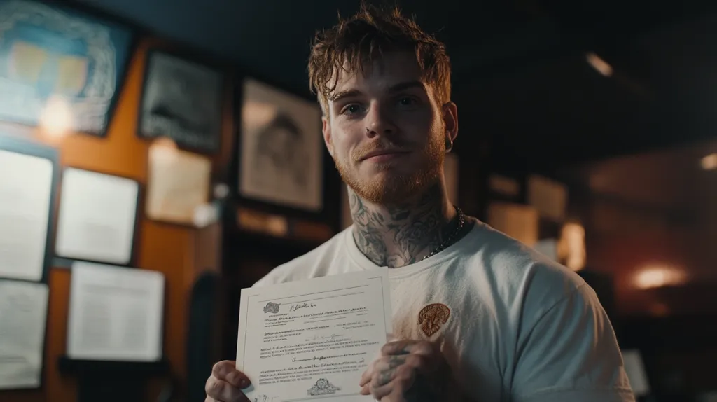A young man with red hair and a beard, wearing a white t-shirt, stands in front of a wall with framed certificates. He holds a certificate in his hands and smiles at the camera.  He has tattoos on his neck and arms. The lighting in the room is dim, and the background is blurred.  The man appears to be proud and happy.  He is likely in a tattoo shop.