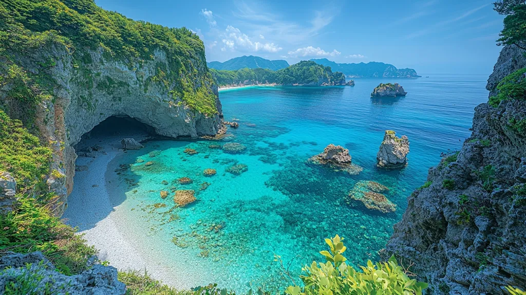 The image showcases a breathtaking coastal scene with a secluded beach nestled between towering cliffs. The crystal-clear turquoise waters lap against the white sands, while lush green foliage adorns the rocky shores. A large cave opens into the bay, adding a sense of mystery and intrigue. The azure sky above is dotted with fluffy white clouds, creating a postcard-perfect setting. The calm, inviting waters and pristine surroundings beckon visitors to explore this hidden paradise.