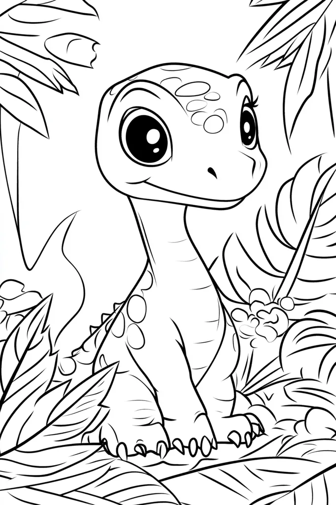 The image is a black and white drawing of a baby dinosaur. It has large eyes, a wide smile, and a spotted body. It is sitting on a bed of leaves, surrounded by other tropical foliage. The dinosaur's large eyes and friendly expression suggest that it is a playful and happy creature.