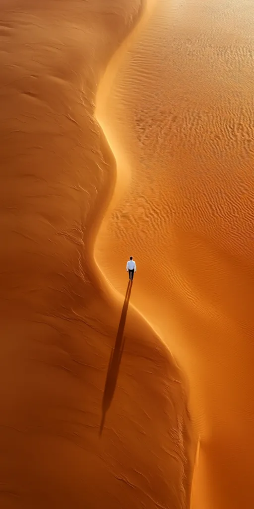 A lone figure walks across the vast expanse of a desert. The bright orange sand dunes create a striking contrast against the blue sky. The person's long shadow stretches across the sand, highlighting the vastness of the landscape. The scene is minimalist and serene, with a sense of solitude and wonder.