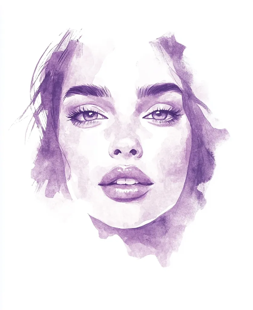 The image is a watercolor painting of a woman's face. The woman has long, dark hair and is looking directly at the viewer. She has large, expressive eyes and full lips. The painting is done in shades of purple and white, giving it a soft and ethereal feel. The woman's face is slightly tilted, adding to the sense of mystery and intrigue. The background is a simple white, allowing the woman's face to be the focal point of the image. The painting is beautifully rendered, with soft brushstrokes and a delicate touch. The artist has captured the beauty and grace of the woman's face in a striking and memorable way.