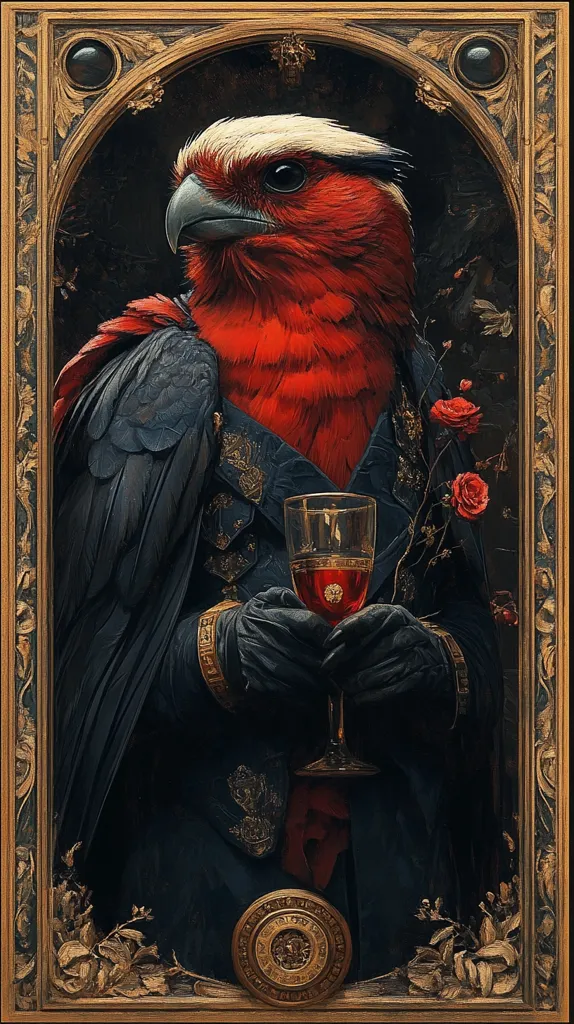 The image is a portrait of a red-feathered bird, possibly a parrot, in a dark blue and gold garment. It is framed in an ornate gold frame with a black background, and holds a glass of red wine. Roses and foliage surround the bird, creating a regal and mysterious atmosphere.  The bird's piercing gaze and the rich colors of the painting create a sense of intrigue.  The overall effect is both elegant and somewhat menacing.