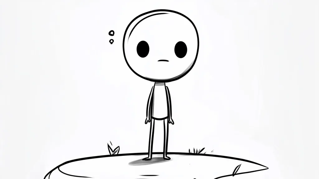 The image depicts a simple stick figure with a large, round head and a sad expression. The figure is standing on a small, rounded platform with a few blades of grass. The figure's eyes are closed, and there are two question marks floating above its head, suggesting it is pondering something or feeling confused. The overall tone of the image is one of sadness and uncertainty.