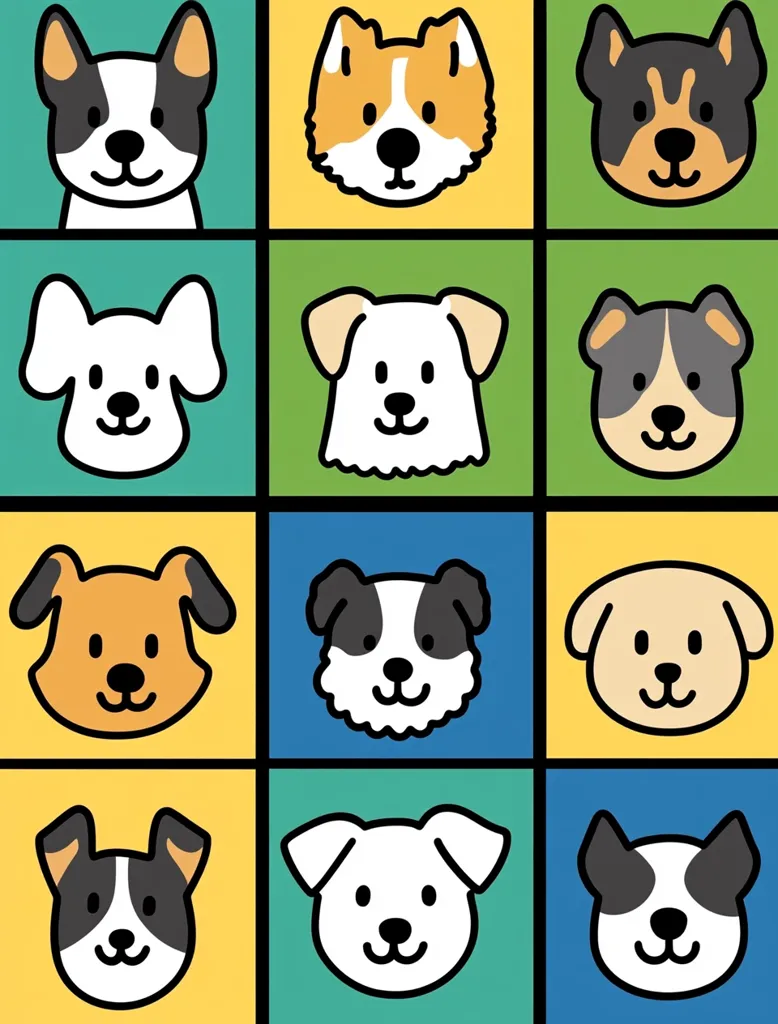 A colorful grid features 12 cartoon dogs, each with a unique breed and color scheme. They are arranged in a 3x4 grid, with each dog's face centered in a square of a different color. The dogs have expressive eyes, floppy ears, and cute smiles. The illustration is simple and playful, creating a whimsical and cheerful feel.