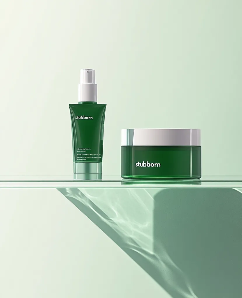 The image shows two skincare products, a green bottle with a white pump and a green jar with a white lid. Both products have the same brand name, "stubborn," printed on them in a white sans-serif font. The products are placed on a glass shelf against a light green background. The lighting creates a soft, diffused glow. The reflection of the products on the shelf adds a touch of depth to the image.  The image is minimalistic and clean.