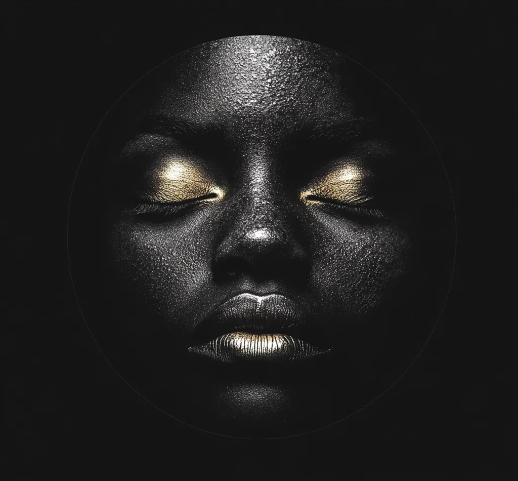 The image is a close-up of a person's face. The person is likely female and has dark skin. Her eyes are closed and her lips are painted a shimmery gold. The lighting is dark, making the subject's face appear almost 3-D.  The focus is on the subject's eyes and lips.  The background is black.  The image is likely intended to be artistic.