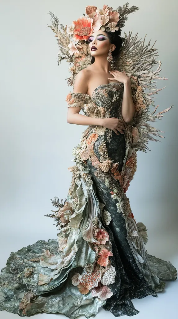 A woman with dark hair and bold makeup wears a stunning gown constructed entirely of intricate coral and seaweed textures. The gown cascades in a flowing, mermaid-like silhouette, creating a dramatic and ethereal effect. The delicate flowers and seaweed accents on her headpiece echo the gown's organic elements, transforming her into a living work of art.  The overall aesthetic is a blend of elegance and nature's raw beauty.