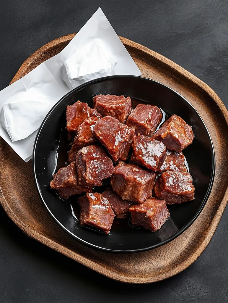 A black bowl filled with tender, glistening cubes of braised beef sits on a wooden tray. Two white paper packets lie to the side, adding a touch of simplicity to the scene. The beef is arranged artfully, highlighting its rich color and inviting aroma. The dark background emphasizes the rich tones of the food.  The image captures the essence of a comforting and flavorful meal.