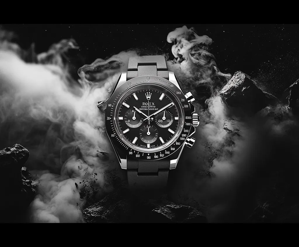 A black and white image of a Rolex Cosmograph Daytona watch with a black face, silver hands, and a black rubber band. It sits on a rocky, smoke-filled surface that appears to be an abstract interpretation of outer space. The dark background and smoke create a sense of mystery and intrigue.  The watch's sleek design and high-end features are highlighted against the contrasting backdrop.