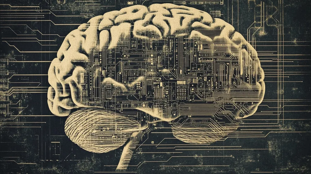 The image depicts a human brain rendered in a digital style, overlayed with a circuit board pattern. The image evokes a sense of artificial intelligence, the intersection of biology and technology, and the potential for advanced computing. The textured background and faded colors add a vintage aesthetic.