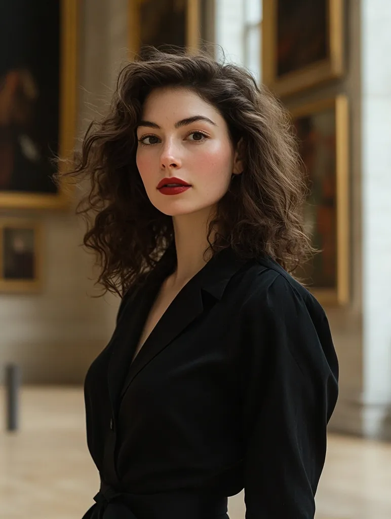 A young woman with long, dark, curly hair is standing in a museum. She is wearing a black dress with a V-neckline and a belt. The dress is simple but elegant, and the woman's hair and makeup are both sophisticated. The background is blurred, and the woman's face is the main focus of the image. She has a serious expression on her face, and her eyes are looking directly at the camera. The lighting is soft and warm, and the overall mood of the image is one of quiet confidence.  She is standing in front of paintings.