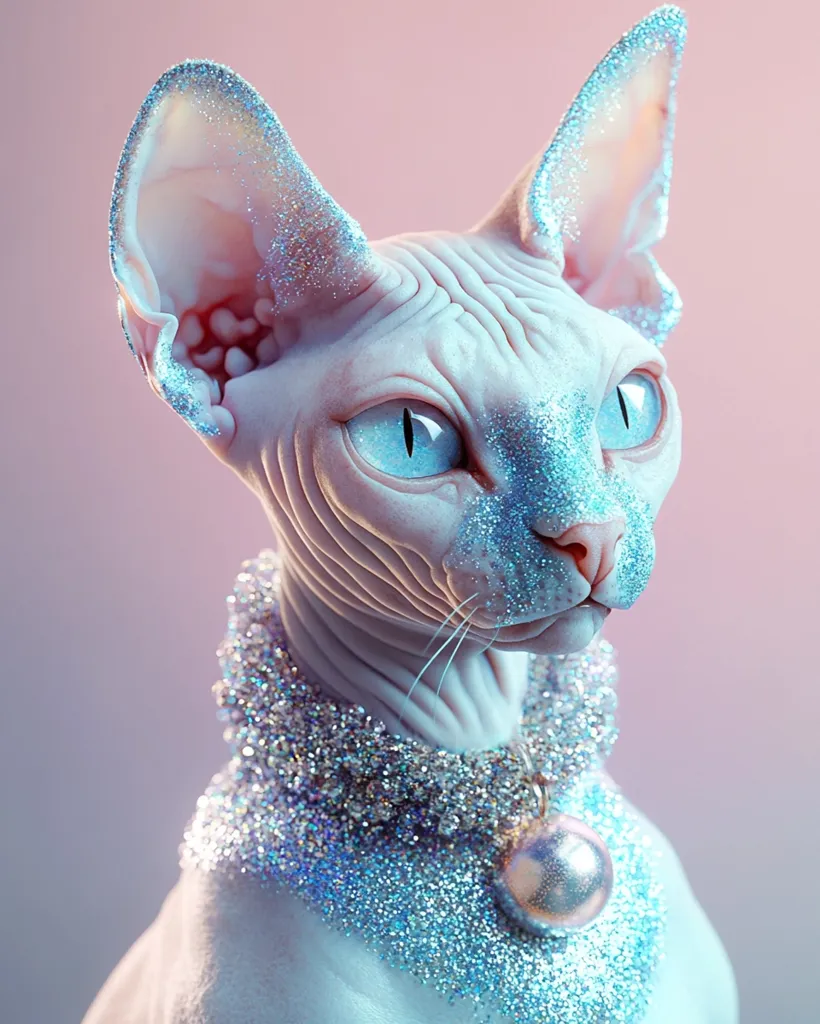 A Sphynx cat, its pink skin dusted with light blue glitter, wears a glittering necklace with a large pearl pendant. Its large blue eyes are wide open, giving it an alert and curious expression. The cat's furless body is accentuated by the sparkling decorations, creating a surreal and whimsical image.  The background is a soft pink, blurring into the edges of the image.