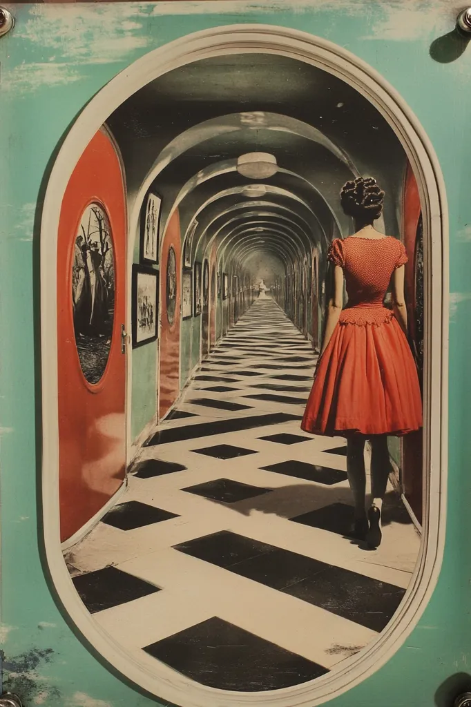 The image shows a woman in a red dress walking down a long hallway with arched ceilings. The hallway is lined with doors and framed artwork. The floor is a black and white checkered pattern. The walls are painted in a light blue-green color. The image is framed in a light green frame with a white oval border around the image itself. The perspective makes the hallway appear to stretch infinitely onward.