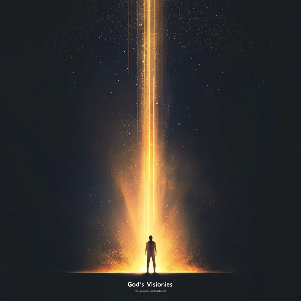 A single figure stands silhouetted against a bright beam of light emanating from the heavens. The beam is composed of multiple vertical lines of light, creating a sense of power and divine inspiration. The background is a dark, star-filled sky, suggesting the vastness of the universe and the mystery of God's visions. The image evokes feelings of awe, wonder, and a sense of the unknown. The words "God's Visionies" are written at the bottom, further emphasizing the theme of divine revelation.