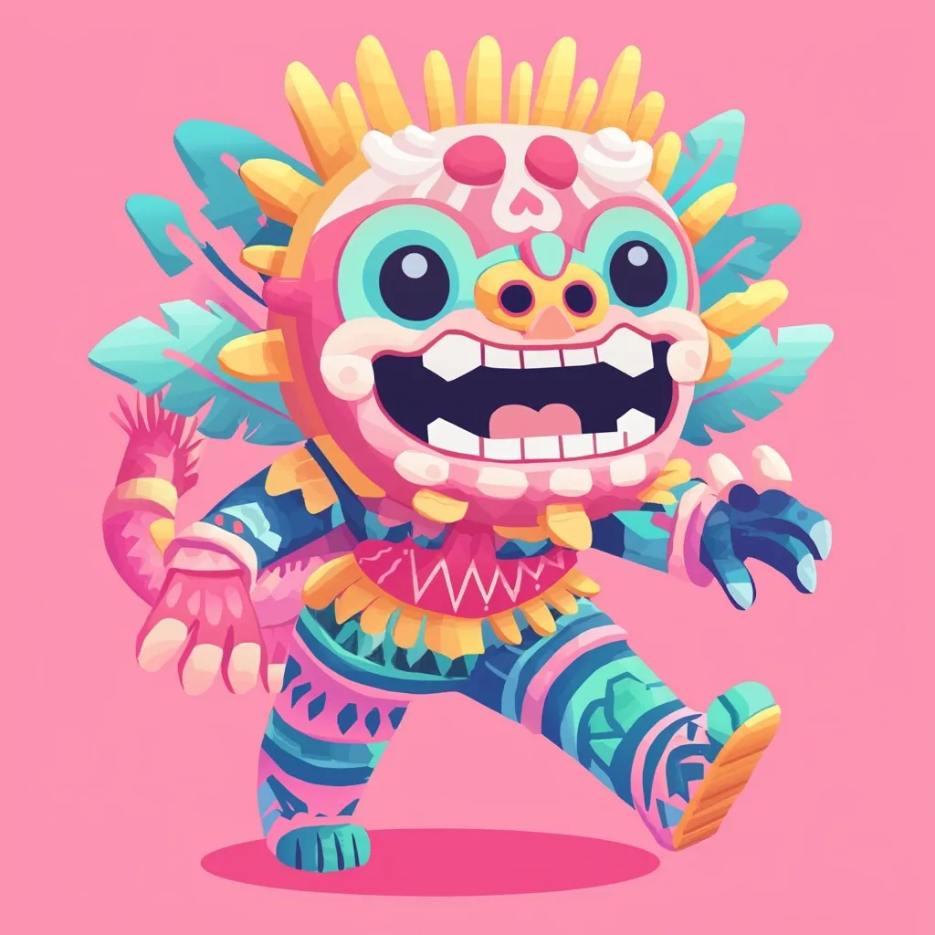 The image is a cartoon illustration of a brightly colored, humanoid creature with a large grin and exaggerated features. It has a pink face with large, blue eyes, a wide, toothy mouth, and yellow and blue hair. It wears a colorful, patterned outfit. The creature appears to be walking forward with a confident stride. The background is a solid, light pink. The overall style is playful and whimsical.