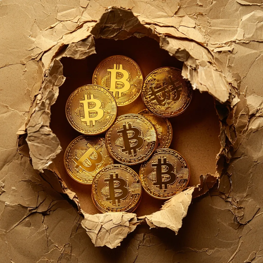 A torn piece of brown paper reveals a pile of shiny gold Bitcoin cryptocurrency coins. The coins feature the iconic Bitcoin symbol, a stylized "B," on a circular design. The contrast between the rough paper and the smooth, metallic coins creates a visually captivating image. The coins are densely packed together, suggesting a significant value and the potential for financial success in the cryptocurrency market.