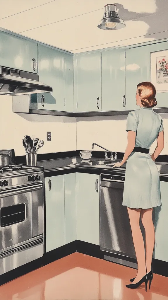 A woman in a light blue dress stands in a modern kitchen with pale blue cabinets and a stainless steel oven and dishwasher. The kitchen features a light brown linoleum floor and a single overhead light fixture.  The woman's right hand rests on the counter, and she looks at the viewer.
