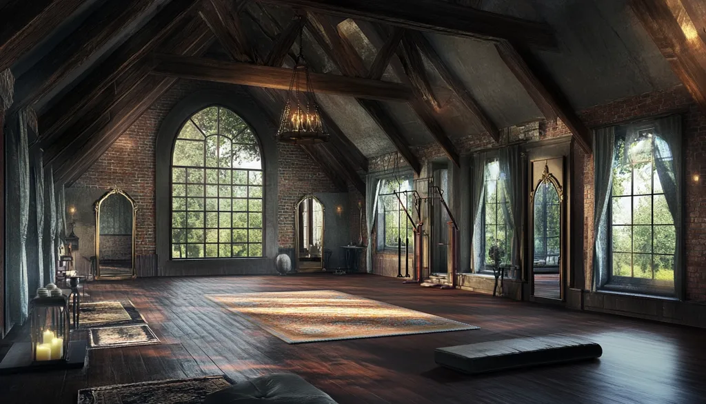 The image shows a large, open room with exposed wooden beams and brick walls. The room is filled with natural light streaming in from large windows. There is a large, ornate chandelier hanging from the ceiling and a rug in the center of the room.  The room has an eclectic mix of furniture, including a mirror, a table, and a weight lifting machine. There are also candles in lanterns on the floor. The room has a cozy and inviting atmosphere.
