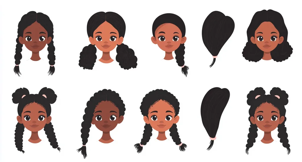 The image shows eight cartoon girls with different hairstyles. Each girl has dark skin and brown eyes. Some of the girls are wearing their hair in braids, buns, and ponytails. The image is set against a white background.