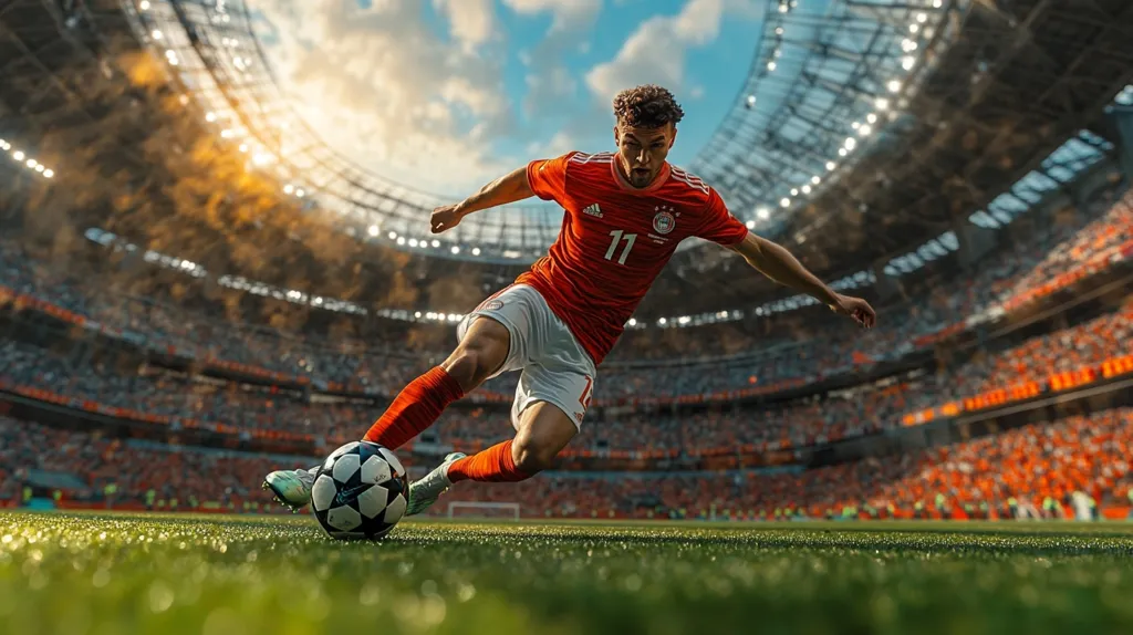 A soccer player wearing a red and white jersey with the number 11 is kicking the ball with his right foot while sliding on the grass. He is in the middle of a soccer field with a large crowd of spectators in the background. The stadium is lit up with bright lights.  The sun is shining down on the scene.