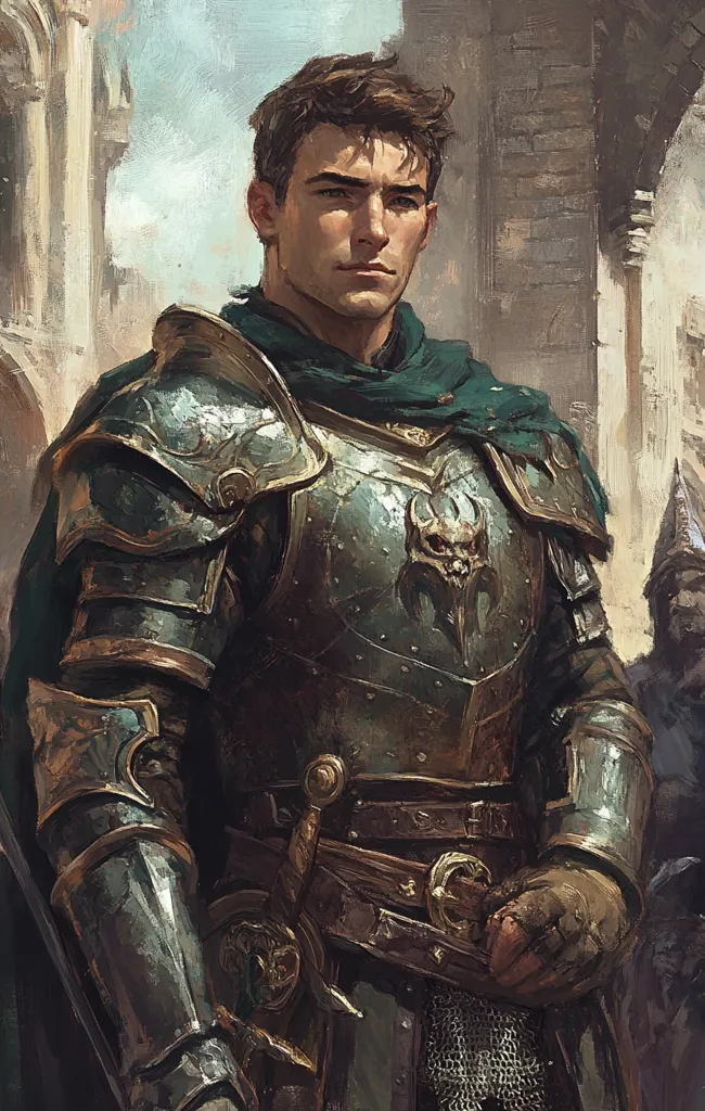 The image shows a young man wearing armor and a green cloak. He has short brown hair and a serious expression on his face. He is standing in front of a stone building, possibly a castle or a cathedral. The man's armor is intricately detailed, with metal plates and straps. He is holding a sword at his side. The image has a dark and dramatic tone, with the man standing as a figure of authority and power.