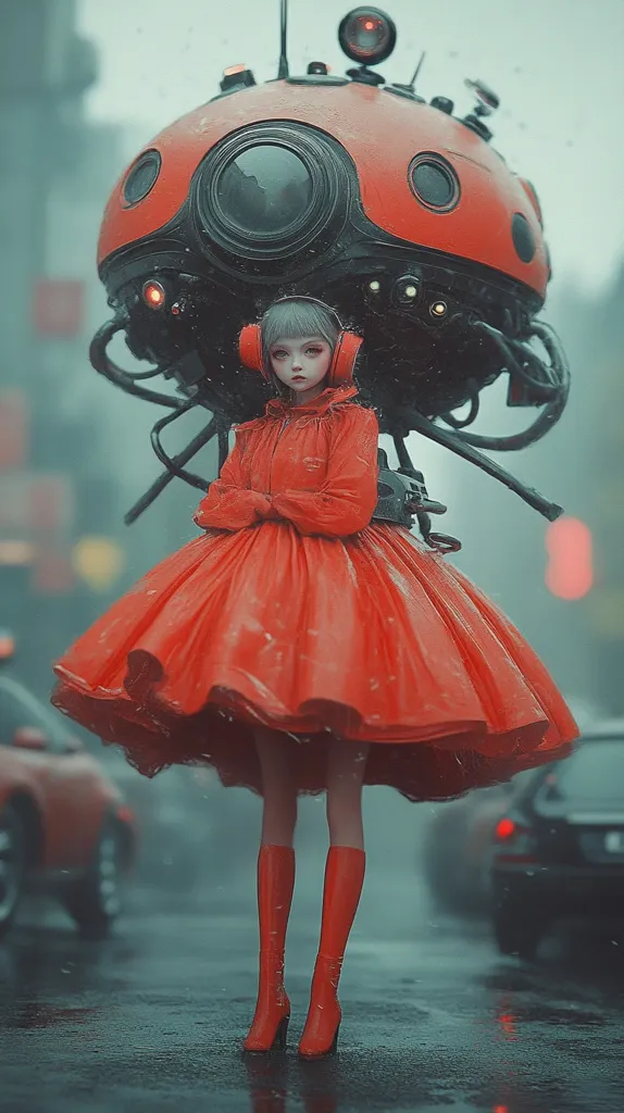 A young girl in a red dress and boots stands in front of a large, red and black, ladybug-shaped robot in a rainy city. The girl appears to be an android, with a porcelain-like face and large, blue eyes. The robot has a large, circular eye in the center of its body and smaller, glowing lights around its perimeter. The city background is blurred and indistinct.
