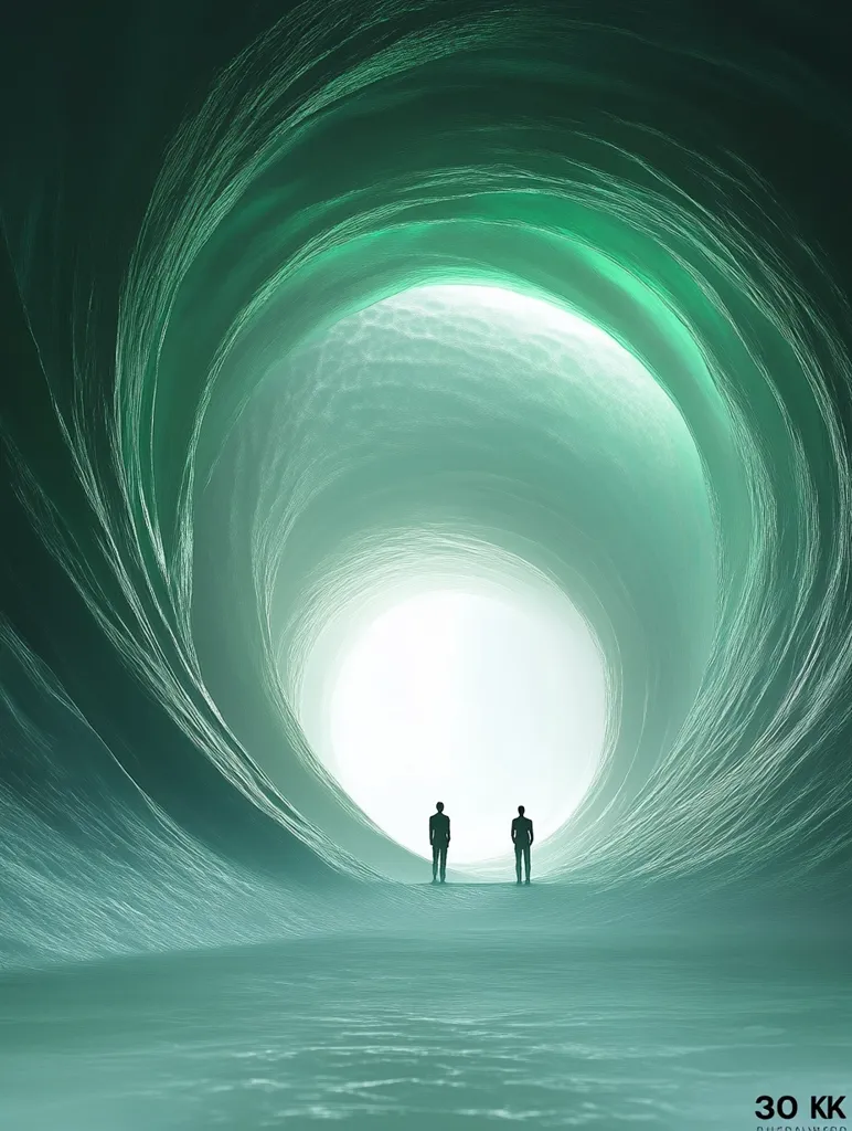 The image depicts two figures standing in the center of a swirling, green abyss. The abyss is a massive, hollowed-out space that appears to be made of water, with a bright white light emanating from its center. The figures, which are silhouetted against the light, appear to be gazing into the depths of the abyss. The scene has an ethereal, otherworldly quality that evokes feelings of wonder and mystery. The light at the end of the abyss suggests hope and the possibility of a new beginning. The figures' journey into the unknown is a powerful symbol of the human desire to explore and discover.