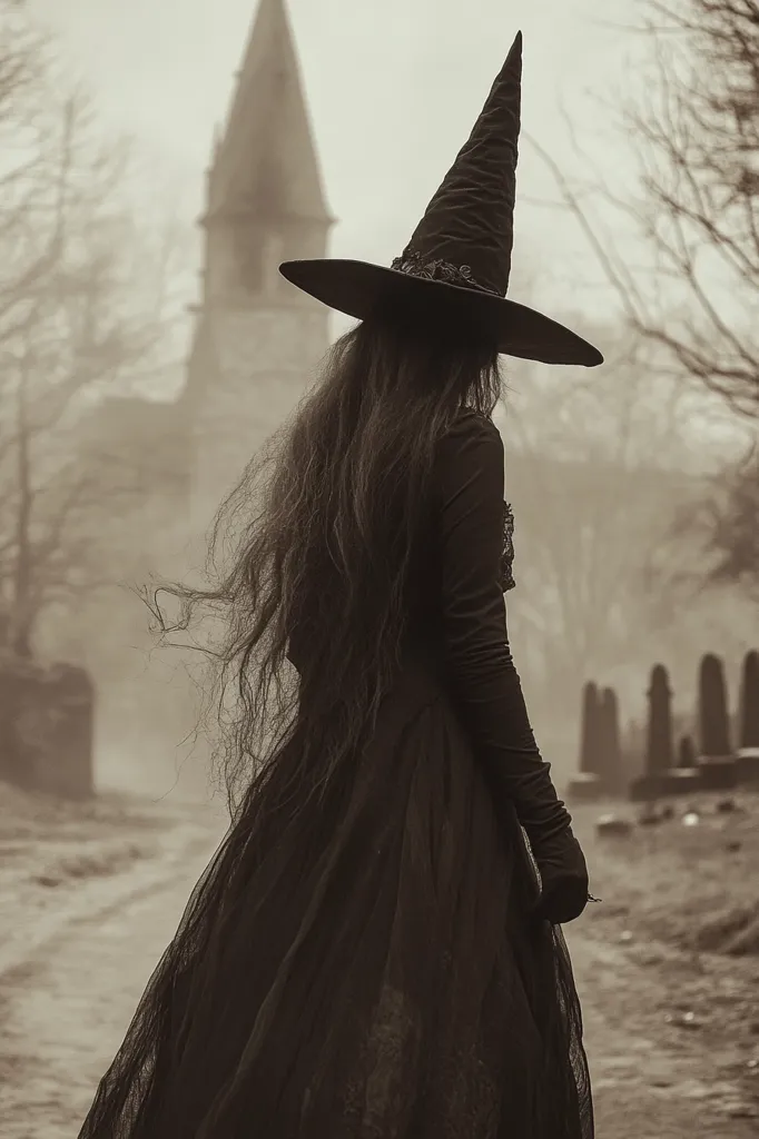 A woman in a long black dress and a pointed witch's hat walks away from the camera in a foggy, desolate landscape. Her long black hair flows in the wind and she is walking past a tall, ominous building in the background. The scene has a dark, mysterious, and slightly eerie feel.