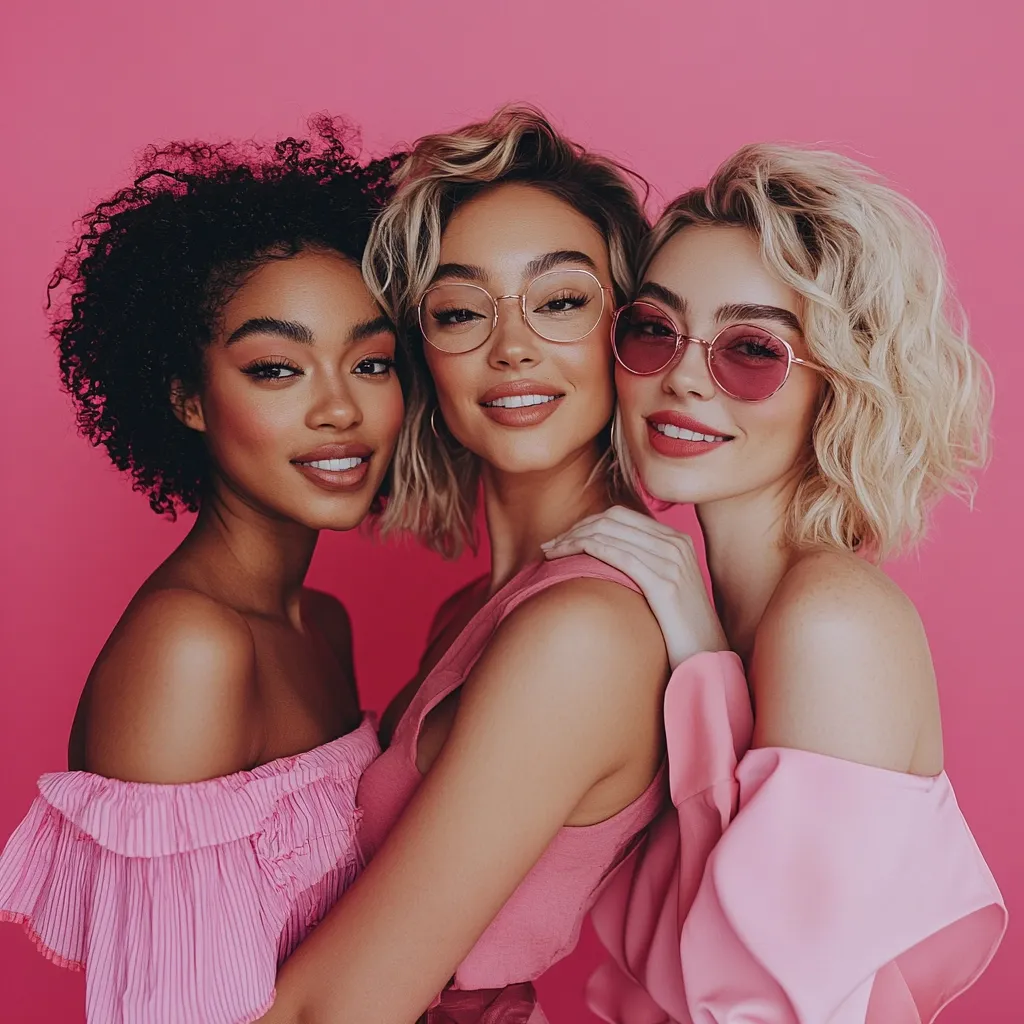 Three young women, with different hair colors and styles, are posing together in front of a pink background. They are all wearing pink clothing and smiling. The woman in the middle is wearing glasses, while the woman on the right is wearing sunglasses. The woman on the left has her arm around the woman in the middle. They seem to be close friends, having fun and enjoying each other's company.  They look vibrant and stylish, embracing the playful and girly pink aesthetic.