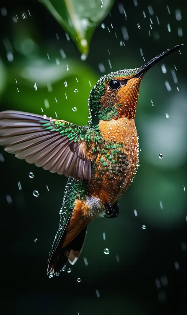 A hummingbird with vibrant green and orange plumage hovers in mid-air, its wings blurred by motion, as raindrops fall around it. The bird's dark eyes are focused, its beak slightly open, as it navigates the rain. The background is a soft, out-of-focus blur of green foliage, creating a sense of depth and tranquility. The image captures a moment of grace and resilience in nature, with the hummingbird seemingly unfazed by the falling water.