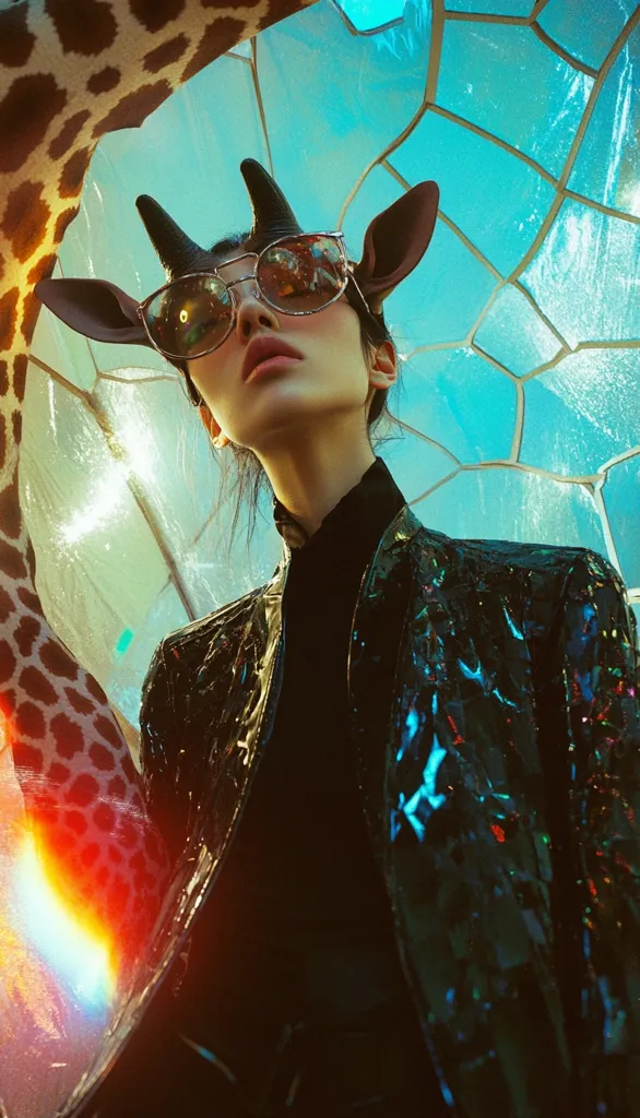 A woman with dark hair is wearing large sunglasses and a black jacket with iridescent detail. She is posed with her head tilted back, looking up. A large giraffe pattern object is partially in frame to the left and a blue, geometric structure is above her.  The lighting is dramatic with strong contrasts.  The image evokes a sense of style and mystery.