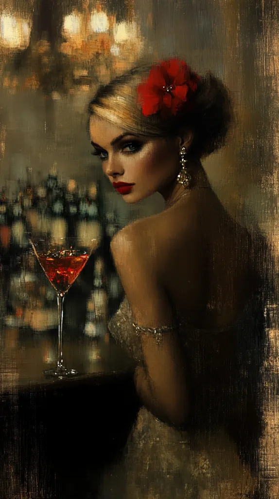 A woman with a red flower in her hair sits in a dimly lit bar, her face partially obscured by shadow. She wears a sparkly white dress and holds a cocktail glass with a red drink. The background is a blur of warm, golden light, suggesting a cozy and inviting atmosphere. The painting captures a moment of quiet contemplation and sophistication.