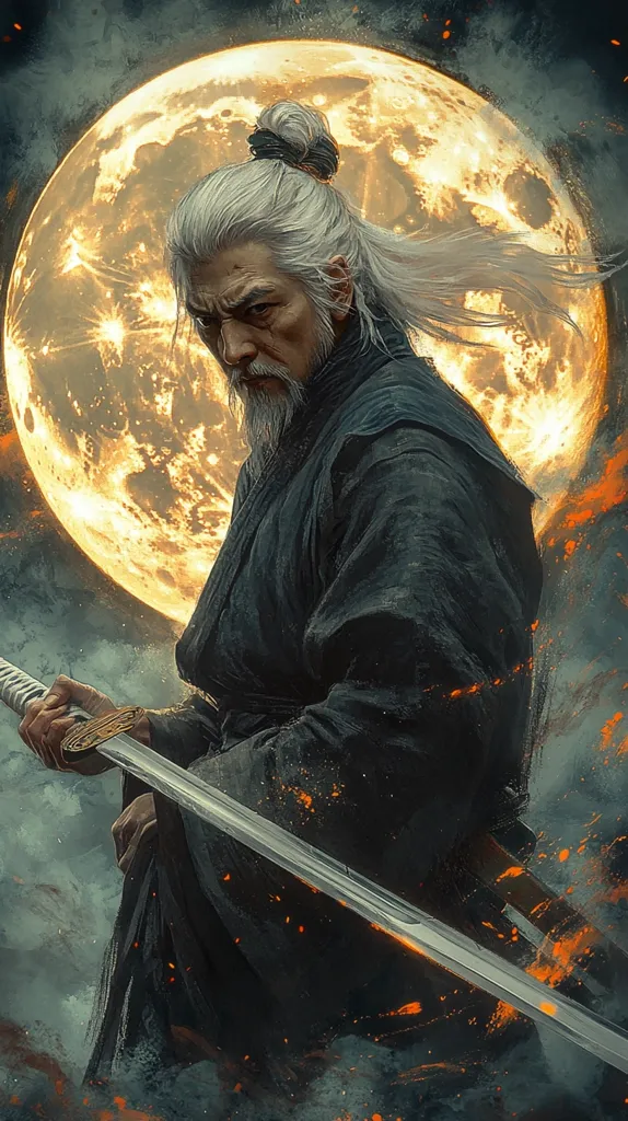 A man with long white hair tied in a bun stands against a backdrop of a large yellow moon. He wears a dark robe and holds a long, silver sword. The man has a stern expression and looks focused as he holds the sword, suggesting a sense of determination or readiness for battle. The image creates a dramatic and powerful atmosphere.