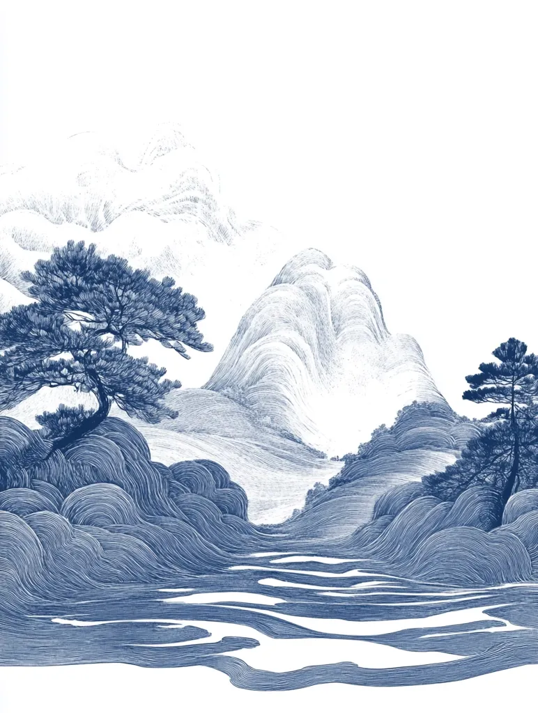 The image depicts a serene landscape with a winding river flowing through a valley surrounded by rolling hills and mountains. A lone tree stands tall in the foreground, its branches reaching towards the sky. The artwork is rendered in delicate blue lines, creating a sense of tranquility and depth. The overall effect is one of peace and harmony.