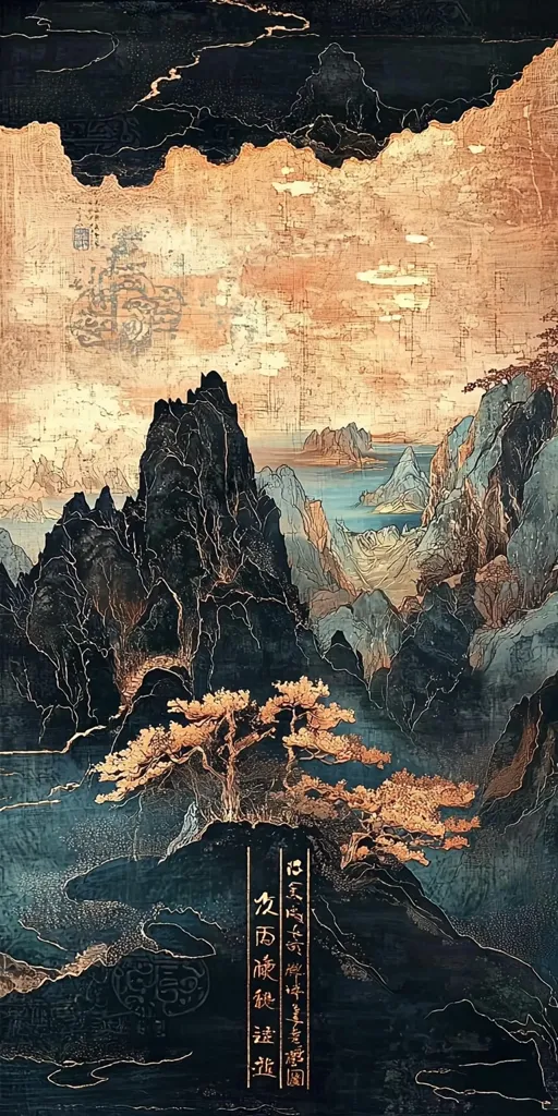 The image depicts a landscape painting in a traditional Japanese style, featuring a mountainous scene with a distant body of water. The mountains are rendered in shades of blue and black, with hints of gold, and they are adorned with trees. The painting has a calming and serene atmosphere, enhanced by the soft, swirling clouds in the sky.  The use of gold accents adds a touch of elegance and sophistication to the composition.  Japanese text is present on the right side.
