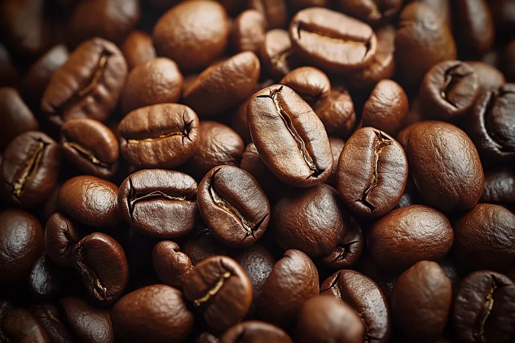 The image is a close-up of a pile of roasted coffee beans. The beans are brown and have a smooth, shiny surface. The image is taken from a slightly angled perspective, so that some of the beans are in focus while others are blurred in the background. The texture of the beans is apparent, as are the subtle variations in their shape and size. The image is warm and inviting, suggesting the rich aroma and taste of coffee.