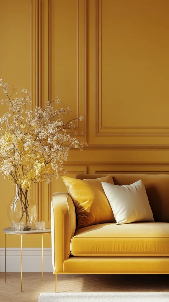 A mustard yellow sofa with a white pillow sits in a room with yellow walls and a matching yellow flower arrangement in a clear vase on a small gold table. The walls are decorated with subtle, raised molding. The sofa is positioned against the wall, creating a cozy and inviting atmosphere.  The bright yellow color palette evokes feelings of warmth and happiness.