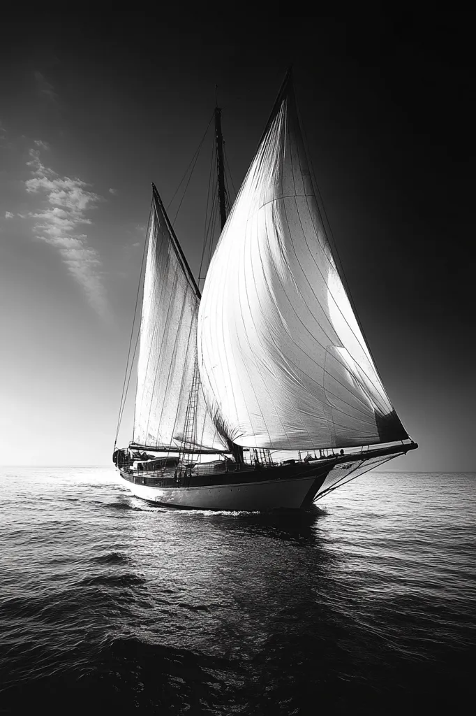 A black and white photo of a sailboat with billowing sails, captured from a low angle. The sails are full of wind, giving the impression of speed and movement. The boat is positioned against a dark, dramatic sky, with only a sliver of light in the distance. The smooth, dark water reflects the sky and the boat.  The image has a sense of solitude and vastness.