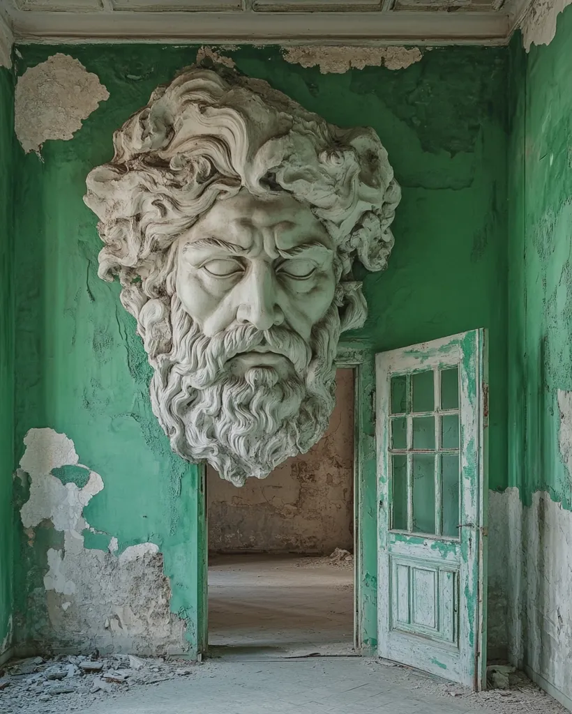A plaster bust of a bearded man with long hair hangs on a peeling green wall. The bust is tilted downwards, as if it is falling. The wall behind it is heavily damaged, showing a layer of white paint underneath. An open door reveals a dark room beyond, with a faint glimpse of a tiled floor. The scene evokes a sense of decay and abandonment.