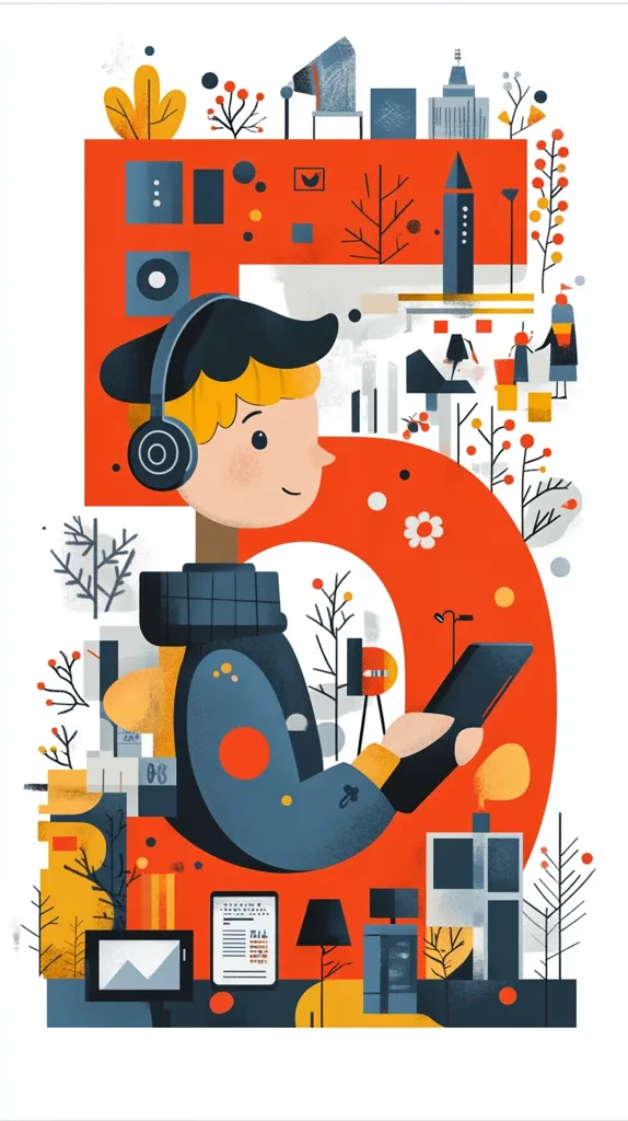 The illustration is a vibrant and colorful depiction of the number "5" with a young person in the center. The person is wearing headphones and holding a tablet, suggesting they're listening to music or working on a digital device. The background features abstract geometric shapes, buildings, trees, and other elements, creating a dynamic and engaging composition. The use of bright colors and playful patterns gives the image a cheerful and modern feel.