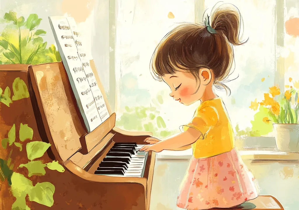 A young girl with brown hair tied in a ponytail, wearing a yellow shirt and pink floral skirt, sits at a piano and plays with her eyes closed. She's lost in the music, and the scene is bathed in soft, warm light. A sheet of music rests on the stand, and there's a potted plant with yellow flowers in the background. The image exudes a sense of innocence and tranquility.