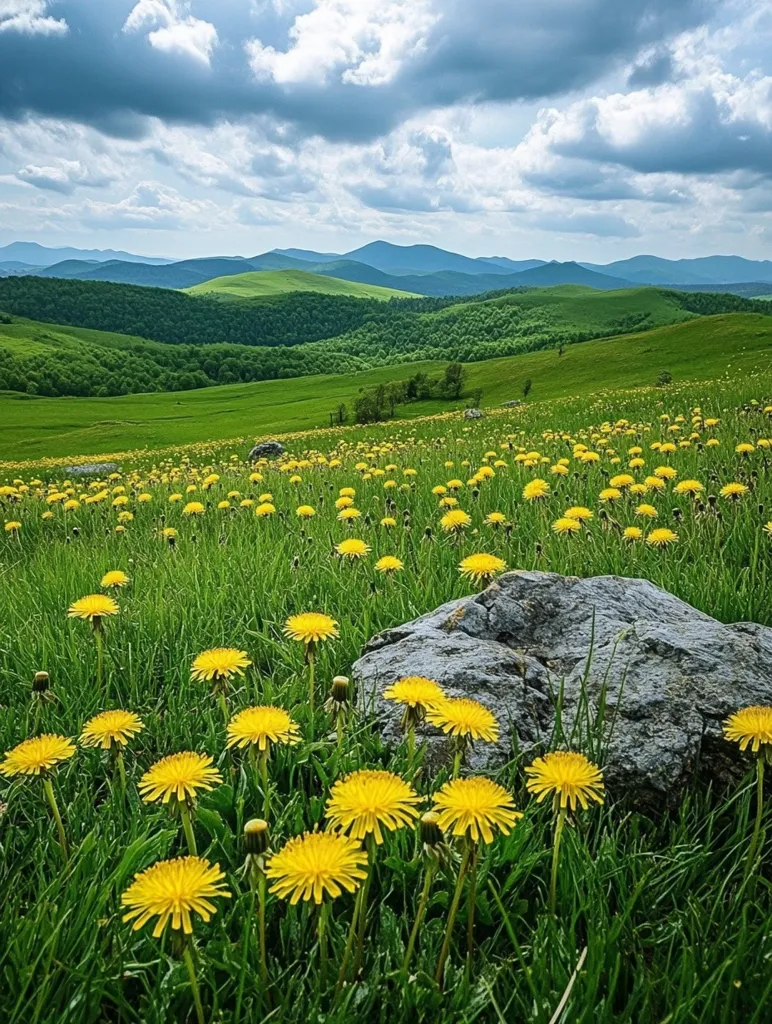 A large gray rock sits in the middle of a field of yellow dandelions, the flowers dotting the lush green grass.  The scene is framed by rolling green hills and a distant mountain range, with a blue sky and puffy white clouds overhead.  The image evokes a sense of tranquility and peace, capturing the beauty of nature.