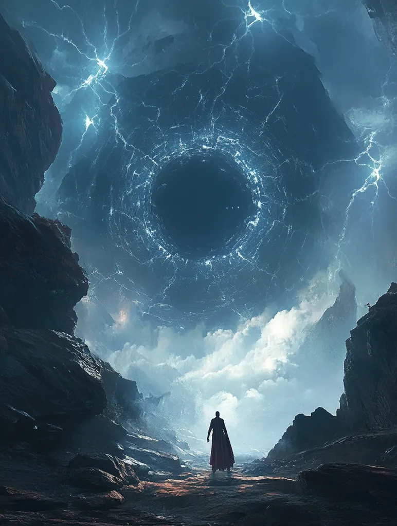 A lone figure stands in a desolate, rocky landscape, gazing up at a swirling, ethereal portal in the sky. The portal is surrounded by a network of glowing veins, reminiscent of lightning strikes. The atmosphere is filled with a sense of mystery and awe, suggesting a passage to another world or dimension. The figure's silhouette against the dramatic backdrop emphasizes their smallness and vulnerability in the face of the cosmic unknown.