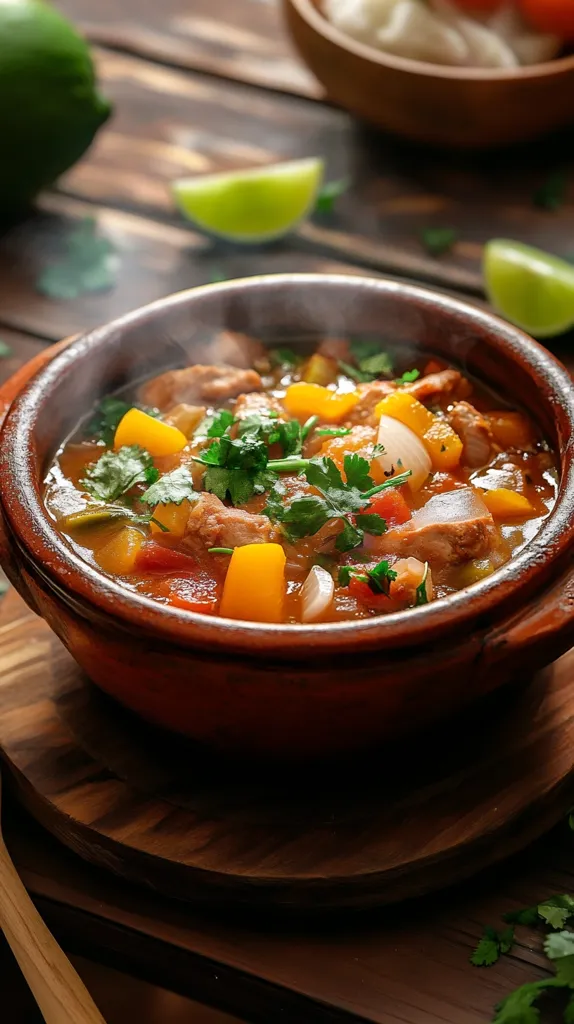 A rustic brown clay pot filled with a steaming stew, garnished with fresh cilantro. The stew appears to contain chunks of meat, bell peppers, tomatoes, and onions, all simmering in a rich, flavorful broth. The pot sits on a wooden cutting board, and lime wedges and fresh cilantro are scattered around the pot, adding a touch of freshness and vibrancy to the scene. The image evokes a sense of warmth, comfort, and delicious home-cooked meals.