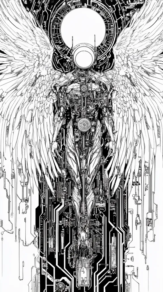The image depicts a detailed black and white drawing of a robotic angel with large, feathered wings. The angel's body is composed of intricate circuitry and gears, suggesting a fusion of technology and divinity. The background is a complex pattern of circuitry and lines, highlighting the technological aspect of the image. The overall composition is symmetrical, with the angel standing in the center of the image, creating a sense of balance and grandeur. The drawing is done in a meticulous and detailed style, showcasing the artist's technical skill and the complexity of the subject matter.