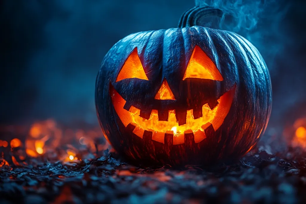 A carved pumpkin with a glowing face sits in the foreground, surrounded by a dark, shadowy forest. The pumpkin's carved features are illuminated from within, creating a sinister and festive atmosphere. The soft blue light in the background suggests a moonlit night, while the orange glow from the pumpkin adds warmth and contrast. This image captures the essence of Halloween, with its spooky charm and playful spirit.