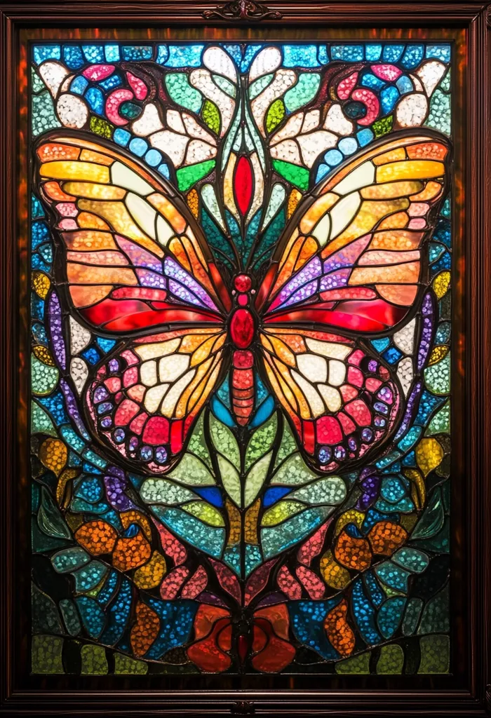 A stained glass window depicting a colorful butterfly with intricate details. The butterfly's wings are a blend of warm and cool colors, including shades of orange, purple, pink, and blue. The background is a vibrant mix of green, blue, and red, creating a visually stunning and symbolic piece. The window is framed in dark wood, adding a touch of elegance and sophistication.